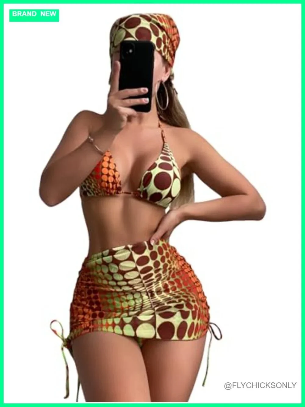 Women's 4 Piece Polka Dot Bikini Set with Cover Up Skirt & Bandana, Halter